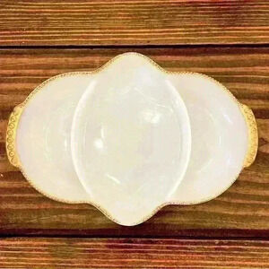 Fire King Milk Glass w/ Gold Trim Relish Dish